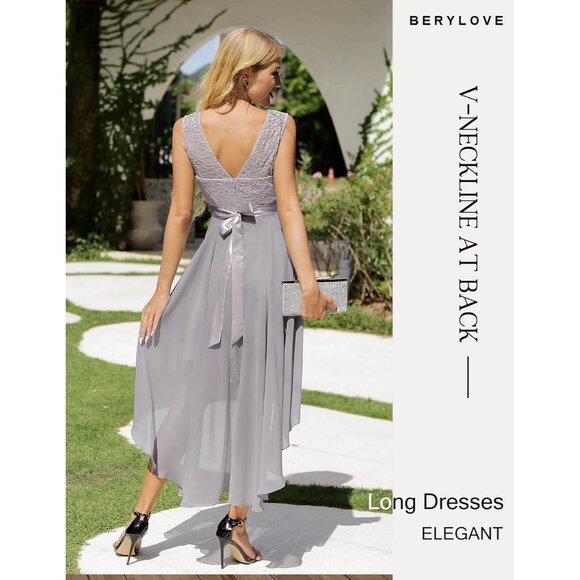 BeryLove Women Grey Chiffon Scoop Neck Sleeveless Lace Cocktail Dress - Picture 3 of 7